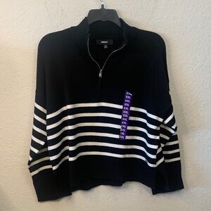 DKNY Black and White Striped mock neck zip up Sweater